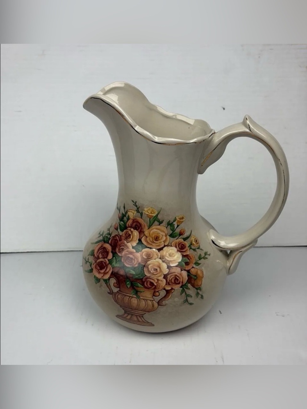 Vintage Belk Ceramic Pitcher Beige Brown Floral Cottagecore Farmhouse Country